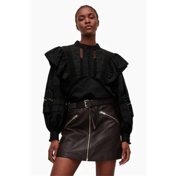 AllSaints Black Prim Broderie Eyelet Ruffled Bubble Sleeves Top Size 4 - Picture 1 of 15